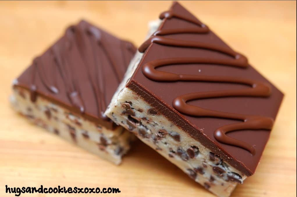 COOKIE DOUGH BARS TOPPED WITH CHOCOLATE GLAZE