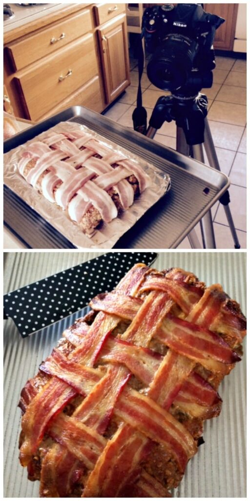 bacon wrapped meatloaf collage