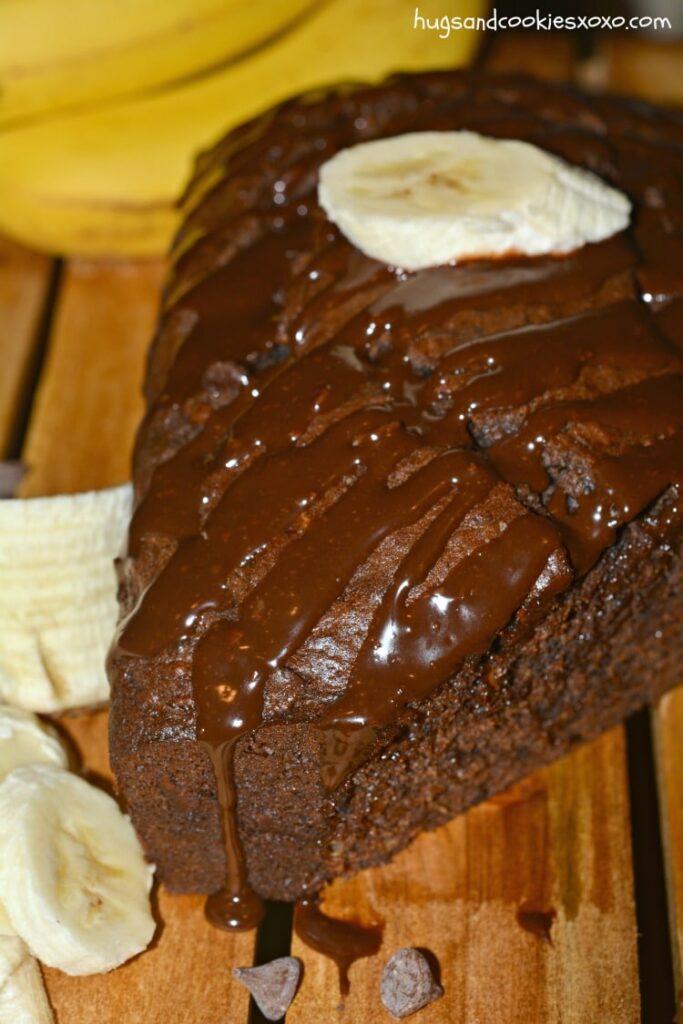 chocolate banana bread with ganache