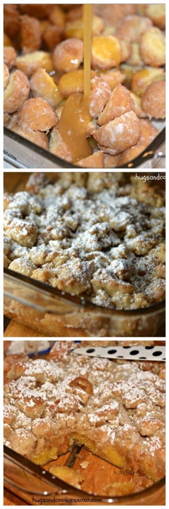 doughnut casserole with powdered sugar