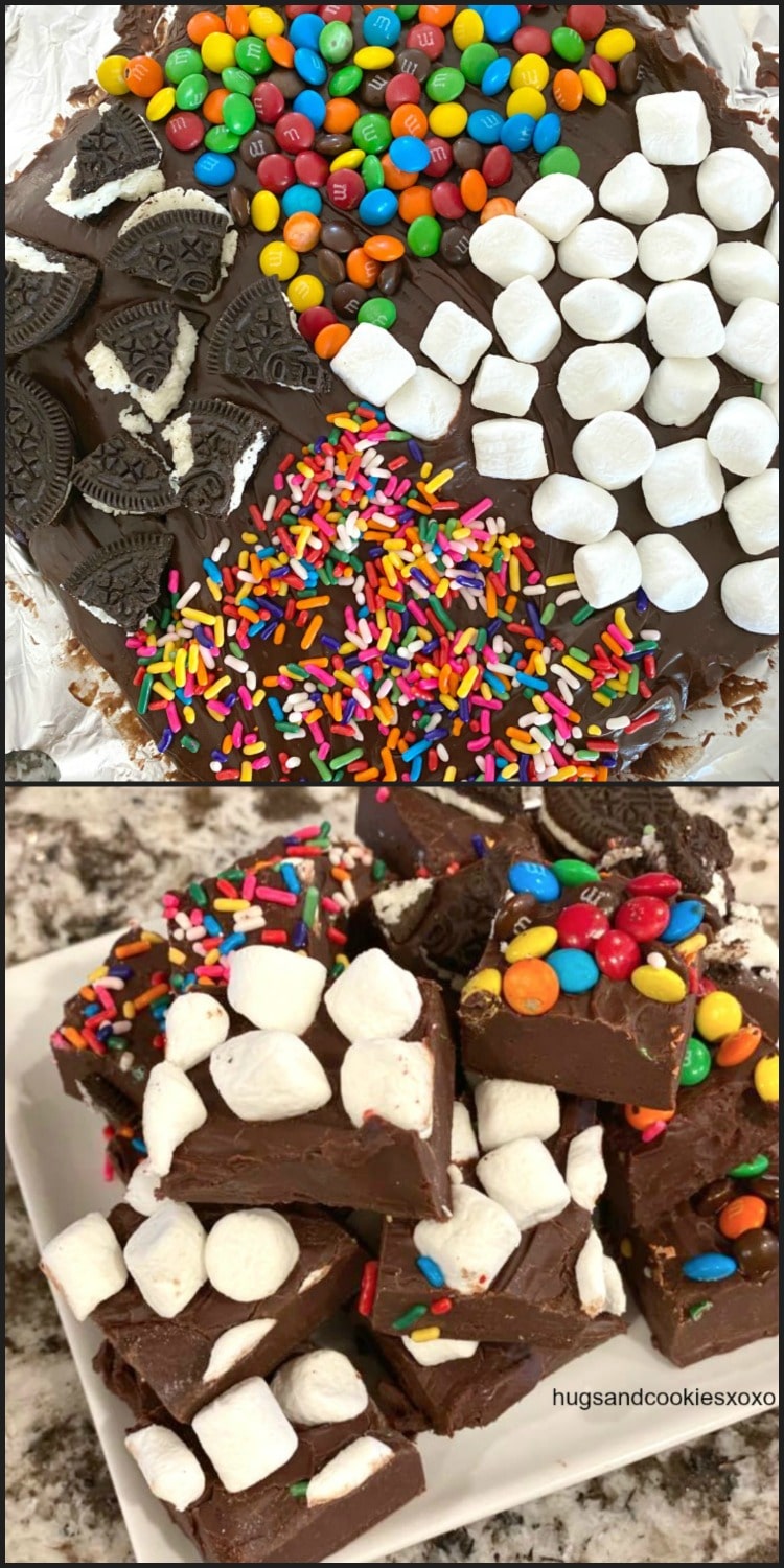 3 Ingredient Chocolate Fudge topped with candy