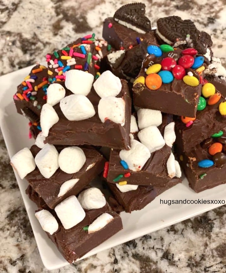 3 Ingredient Chocolate Fudge with candy toppings