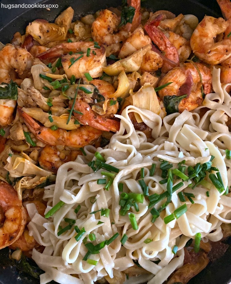 Spinach Artichoke Shrimp with pasta chives