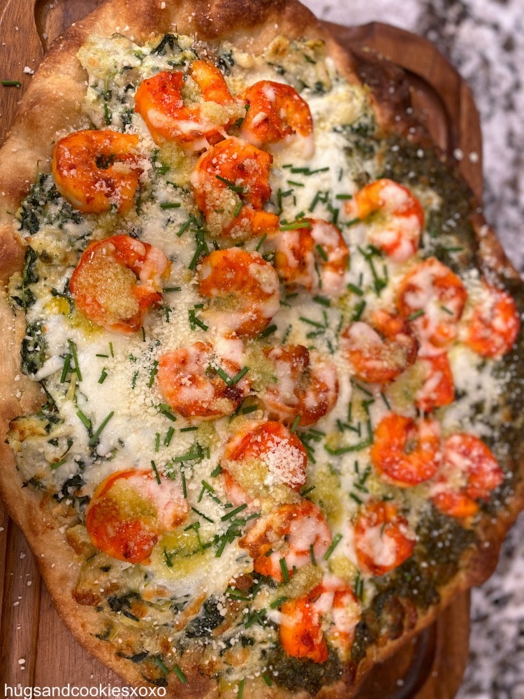 Spinach Artichoke Pesto Pizza With Shrimp